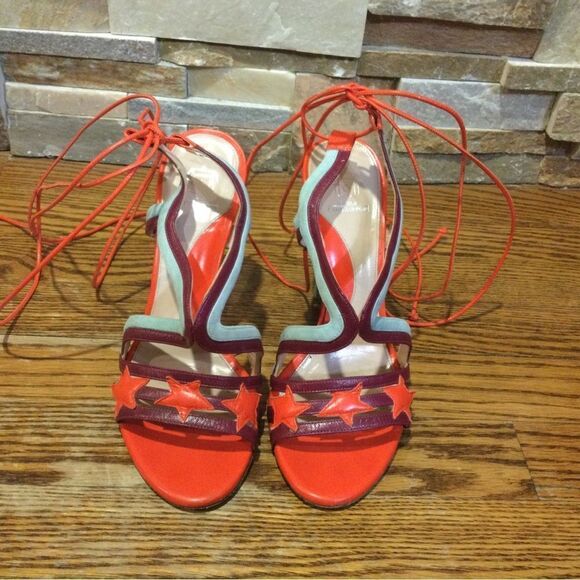 PAULA CADEMARTORI Red & Turquoise Leather and Suede Sandals - Picture 1 of 9